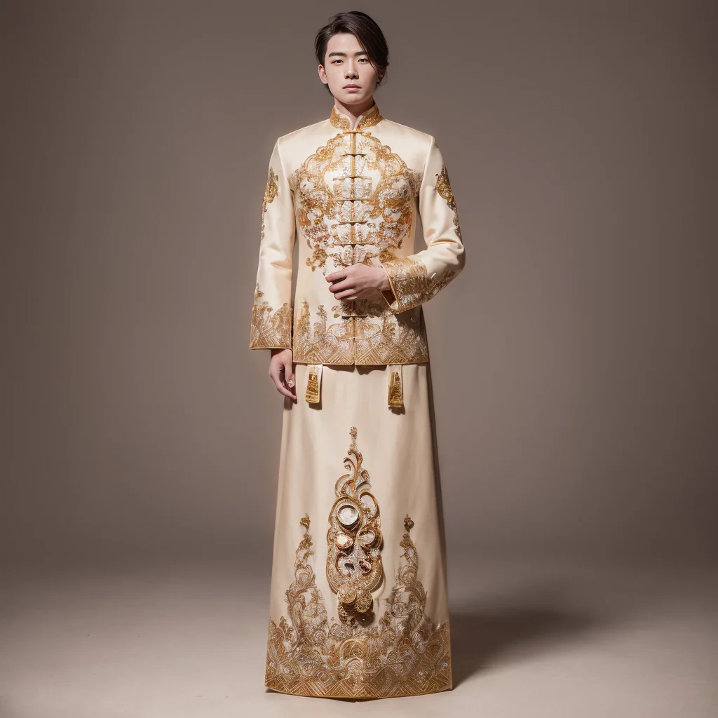 (8k, RAW photo, best quality, masterpiece:1.2), (realistic, photo-realistic:1.4), ultra-detailed, (young male internet celebrity),masculine style,perfect detail , make up,(full body:1.5),chinese style architecture,a man, a woman's dress with a gold and white design<lora:nzshs-10:0.8>