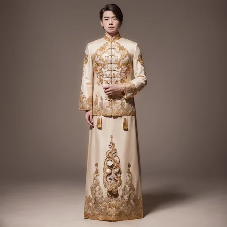 (8k, RAW photo, best quality, masterpiece:1.2), (realistic, photo-realistic:1.4), ultra-detailed, (young male internet celebrity),masculine style,perfect detail , make up,(full body:1.5),chinese style architecture,a man, a woman's dress with a gold and white design<lora:nzshs-10:0.8>