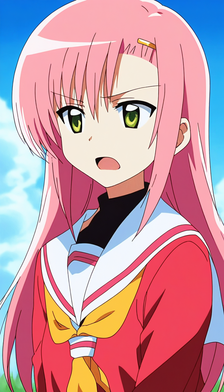 score_9, score_8_up, score_7_up, source_anime, rating_explicit, BREAK  <lora:Katsura_Hinagiku_XL:1>Katsura_Hinagiku, pink hair, long hair, Yellow green eyes, hairclip, small breasts, school uniform, red serafuku, pink skirt,
frown, open mouth, portrait, sailor collar, white sailor collar, pink background, upper body,
blue sky, outdoor, day, grass,
2010s \(style\), anime, anime_screencap, animated gif, mp4 ,video, animated,