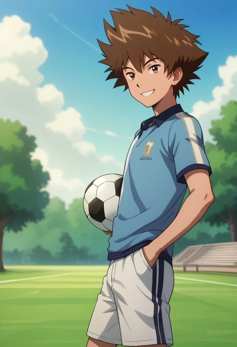 score_9, score_8_up, score_7_up, source_anime, highly detailed,
taitri, 1boy, male focus, solo, brown hair, brown eyes, smile, soccer uniform, shorts, smile, blue shirt,
outdoor, sky, tree
