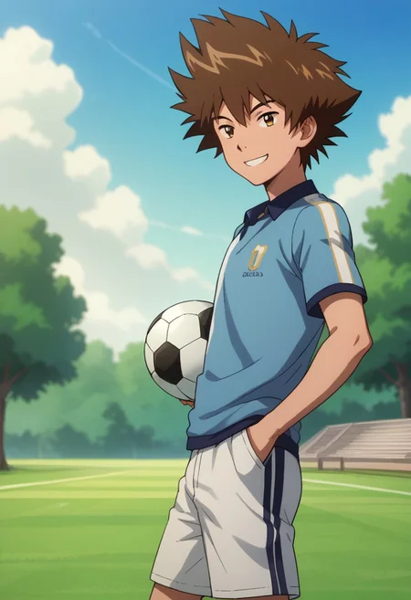 score_9, score_8_up, score_7_up, source_anime, highly detailed,
taitri, 1boy, male focus, solo, brown hair, brown eyes, smile, soccer uniform, shorts, smile, blue shirt,
outdoor, sky, tree