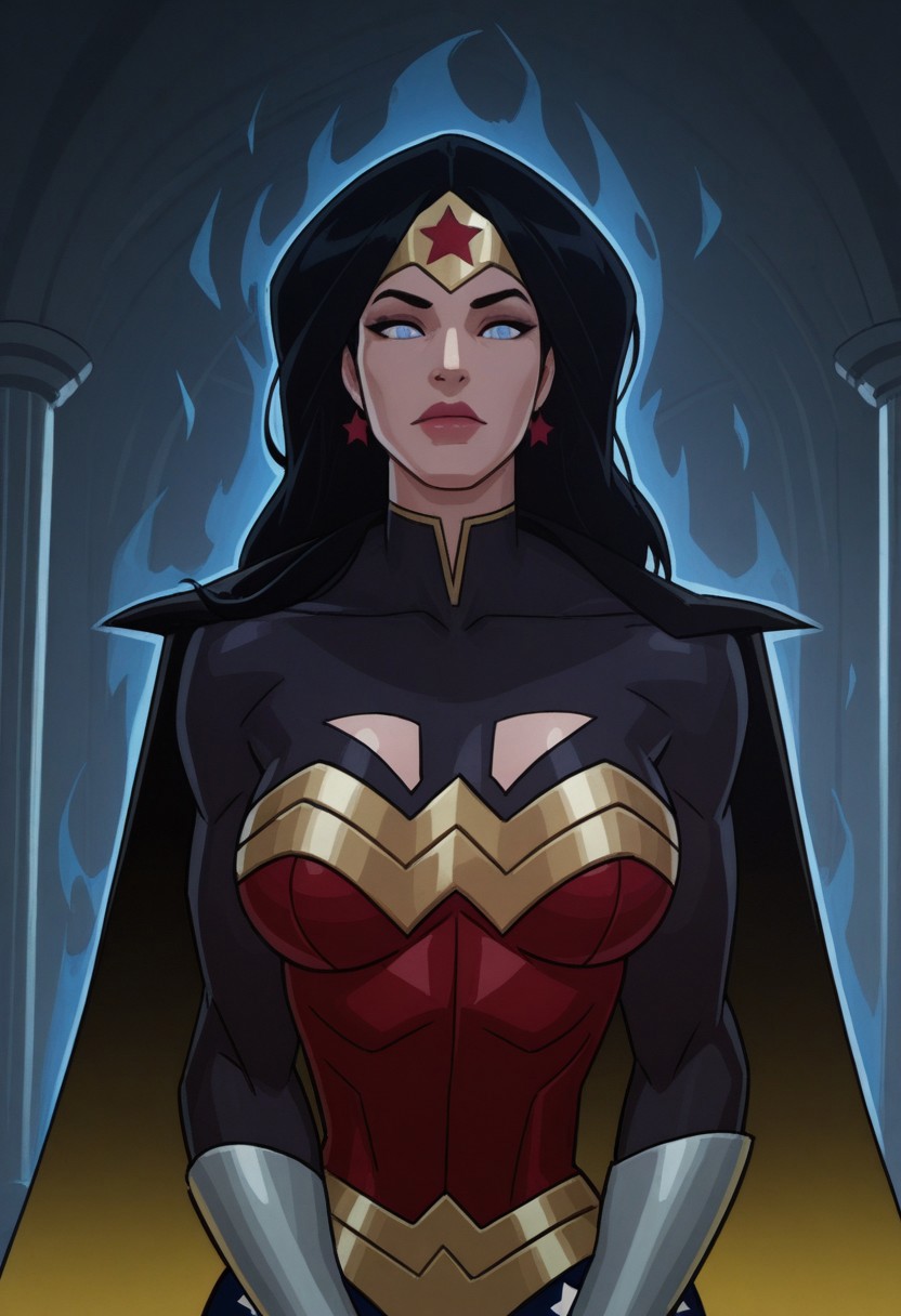 score_9, masterpiece, high quality, (Wonder Woman body fusion with Hel), merging, sexy body, amalgamation, sitting, breasts, smooth skin, ((Portrait)), long hair, star earrings, armor, bodysuit, flaming cape, lipstick, metropolitan scene, sexy proportions, combination outfits, blue aura, blue energy, dynamic pose, (8K), (Cinematic lighting), half body photo