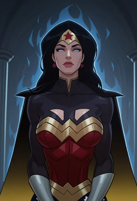 score_9, masterpiece, high quality, (Wonder Woman body fusion with Hel), merging, sexy body, amalgamation, sitting, breasts, smooth skin, ((Portrait)), long hair, star earrings, armor, bodysuit, flaming cape, lipstick, metropolitan scene, sexy proportions, combination outfits, blue aura, blue energy, dynamic pose, (8K), (Cinematic lighting), half body photo