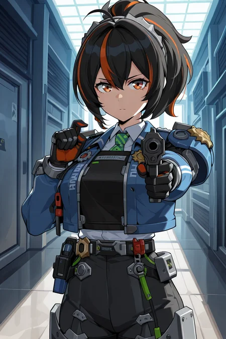 detailed background, shiny skin, posing,
<lora:zenless.il:1>,
zenless,
zhuyuan, 
holding gun, aiming at viewer,