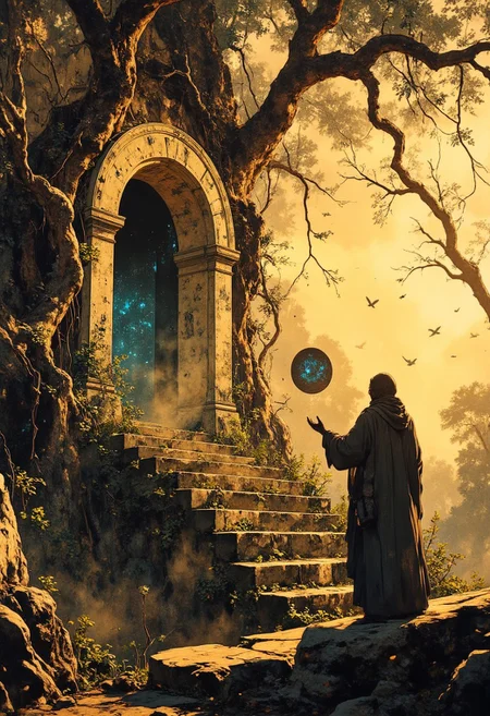 A lone traveler stands at the edge of an ancient, overgrown shrine, bathed in the golden haze of the rising sun. The temple, carved into the side of a colossal tree, glows softly with embedded gemstones reflecting the early light. Mist drapes over the roots like flowing fabric, curling around weathered stone steps that lead into the depths of the forgotten sanctuary.
Vines with delicate, luminescent flowers stretch across the ruins, their petals shifting colors in the breeze. Birds with translucent wings glide through the air, their silhouettes blending into the golden sky. The traveler, wrapped in a tattered but elegant cloak, extends a hand toward a hovering relic—a smooth obsidian disc with radiant cracks of deep blue light, pulsing like a heartbeat. The surrounding air ripples slightly, as if the ancient magic of the place is awakening. Dust particles catch the sun’s rays, making the entire scene feel like a dream frozen in time, on the edge of memory and rediscovery.