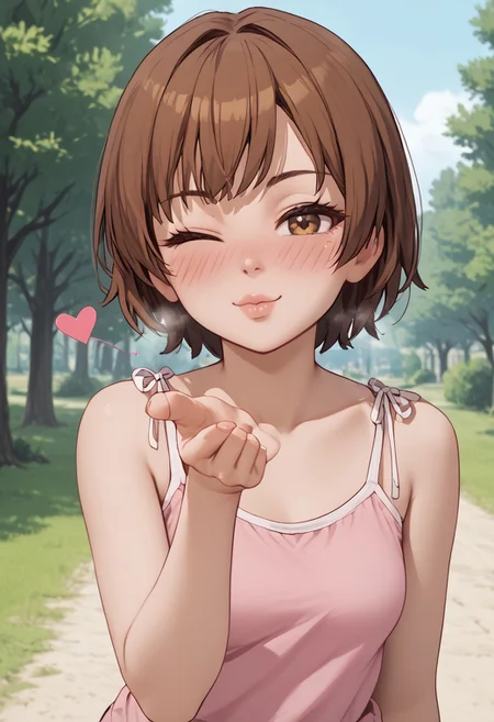 score_4,score_5,score_6,score_7_up,score_8_up,score_9 ((masterpiece,best quality,ultra detailed,highres,HD,4k:1.2)),
1girl, solo,solo focus,girl focus,face focus,
short hair,brown hair,brown eyes,camisole,
outdoors,
<lora:blowing-kiss-ponyxl-lora-nochekaiser:1>, blowing kiss, pucked lips, heart, one eye closed, o3o, looking at viewer, hand up,Pouting lips,pointing fingertips towards viewer, blush,shy,smile,Half-closed eyes, squinting, staring,jitome,