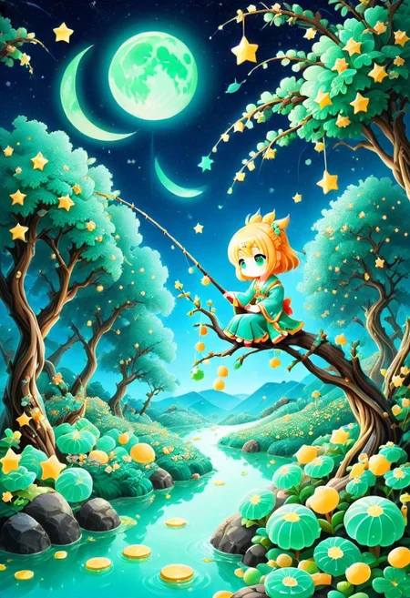 Sinoink, score_9, score_8_up, score_7_up, score_6_up, 1girl, chibi, sitting on tree branch, holding a fishing rod, made out of jade, fresh, refreshing iridiscent, night sky, candy moon, candy stars, magical orchard , bokeh, midjourneyv6.1