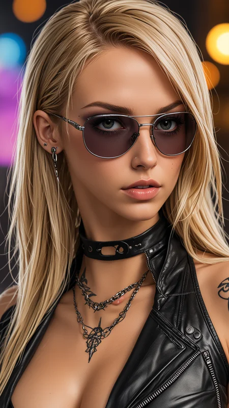 Stunning cyberpunk woman portrait, slim body, tattoos, long Blonde detailed hair, large clevage, leather pain with zipper, cleavage, glamor makeup, nose piercing, ear piercing, eye contact, looking at viewer, masterpiece, best quality, perfect detail , perfect face detail, perfect eye detail, perfect skin detail, depth of field, perfect lighting, <lora:Dices_real_style_cartoon:1>, Ultra Realistic, cartoon, 3D