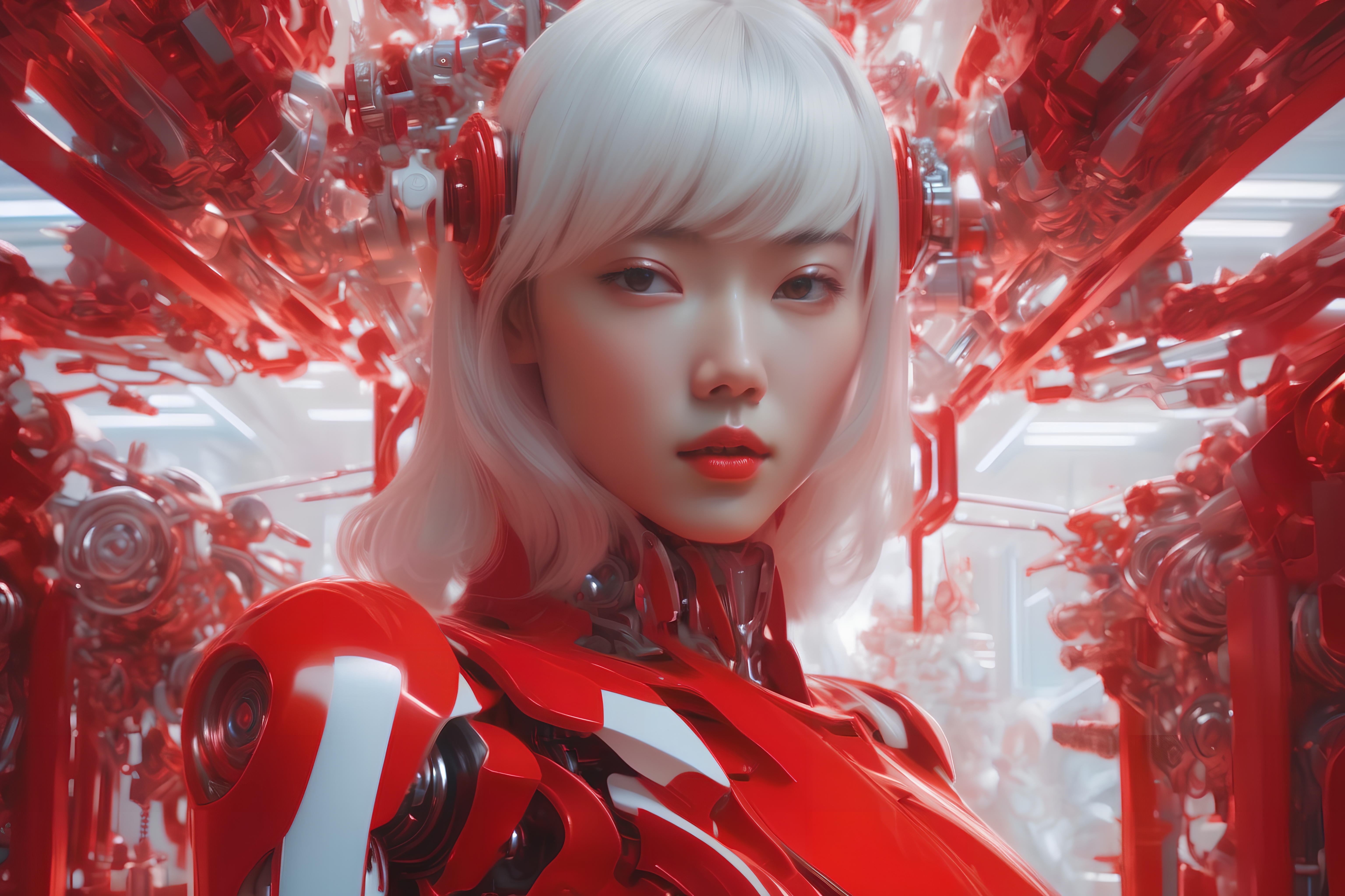 ((red and white theme)) hyperrealistic photography of a machine entering a female host in the style of Jin Kagetsu, James Jean, wlop and Ilya Kuvshinov, highly detailed, sharp focus, intricate concept art, digital painting, ambient lighting, 4k, artstation <lora:wowifierXL:0.2>  <lora:add-detail-xl:0.2>  <lora:cyborg_style_xl:0.2> <lora:edgFuturisticXL:0.1>