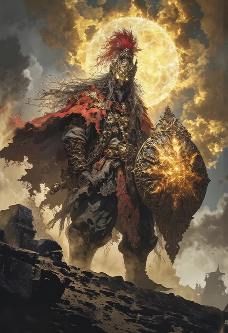 Pantheon warrior, Persian helmet with red fur ,  By Phandigrams, holding a massive golden aura shield, Knight of the heavens, long hair, battle field, cinematic view, Full nbody in picture adored with heavy armour, massive body , battle stance , standing on a platform, stormy skies,