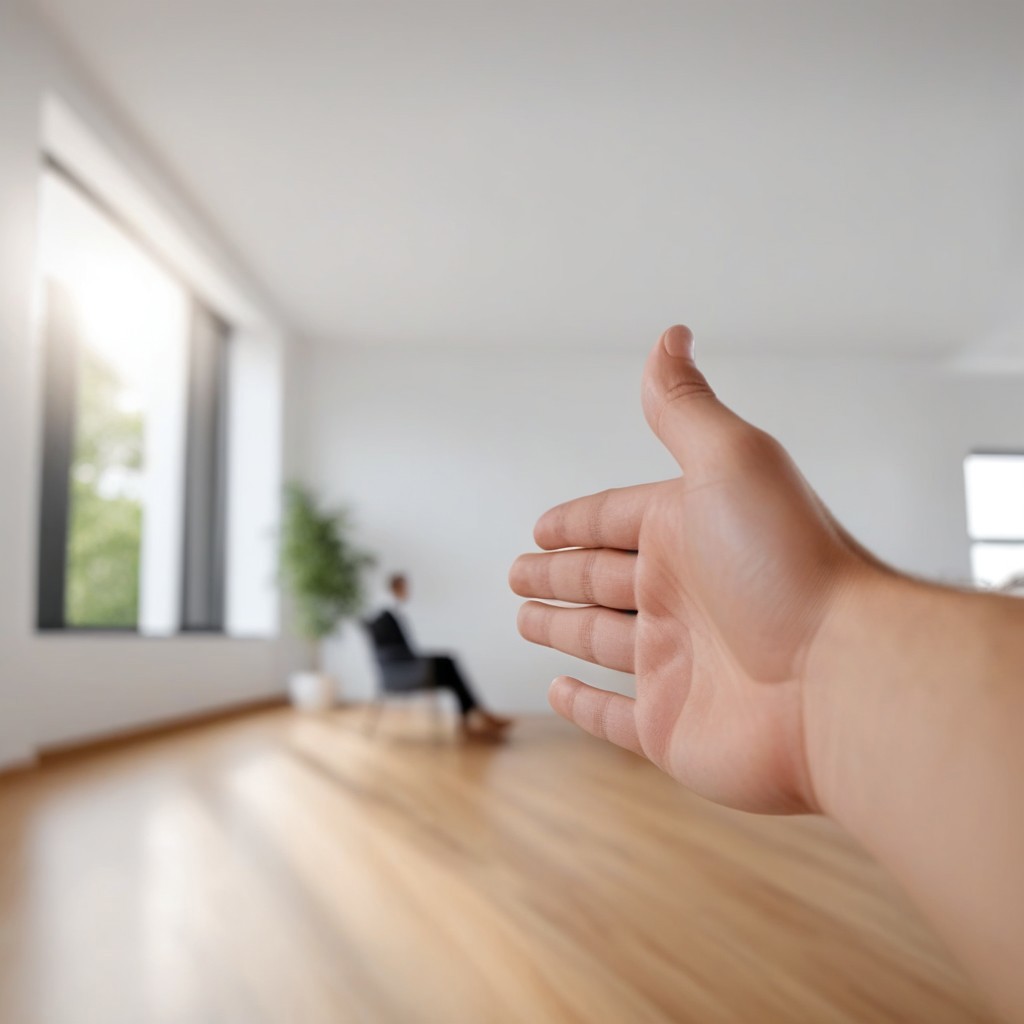 ((POV, reaching out for handshake)), eye-level perspective, detailed hand in foreground, blurred figure in background, soft natural lighting, dynamic composition