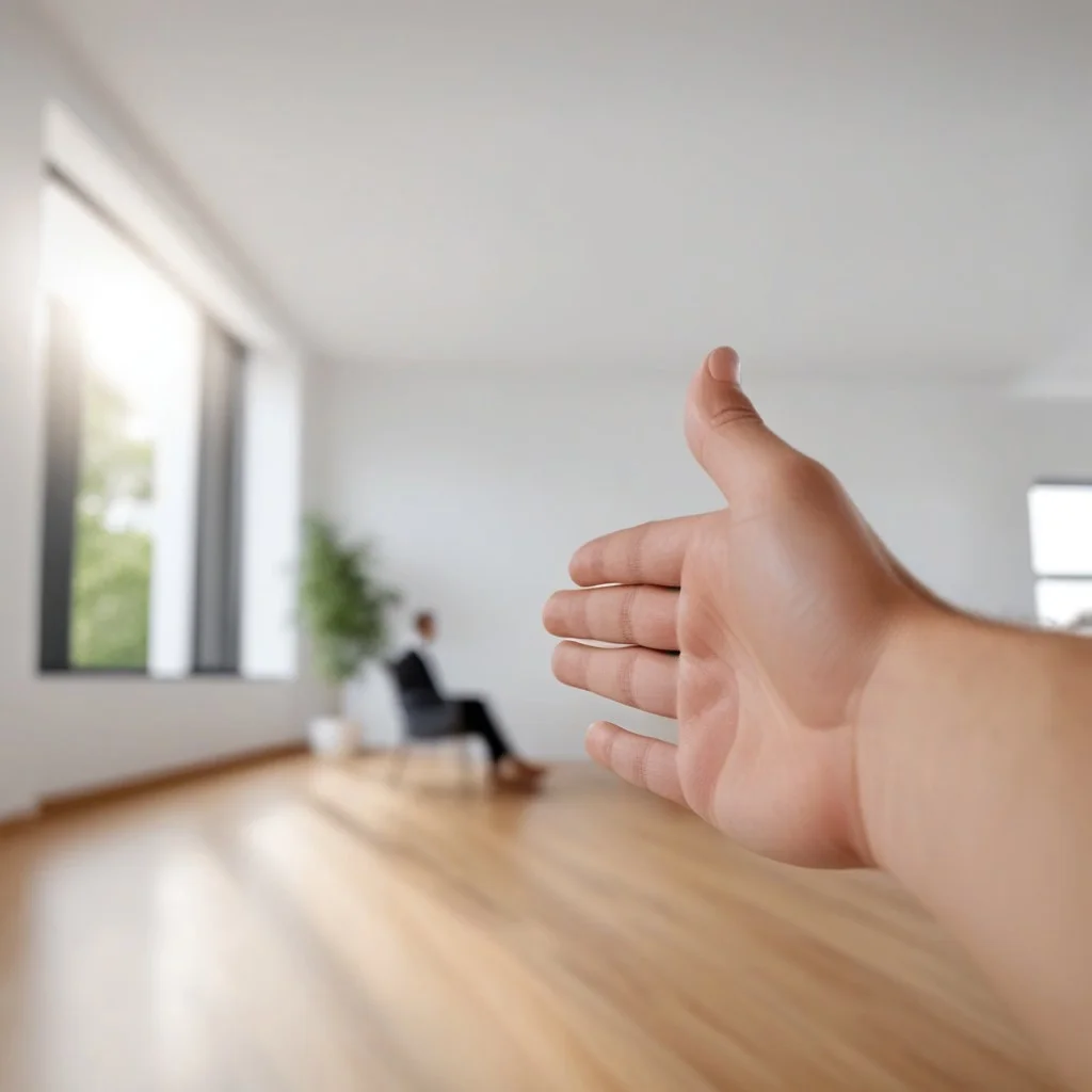 ((POV, reaching out for handshake)), eye-level perspective, detailed hand in foreground, blurred figure in background, soft natural lighting, dynamic composition
