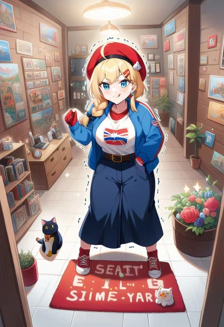 score_9,score_8_up,score_7_up,score_6_up,score_5_up,1girl, score_4_up,source_streetfighter,source_anime,source_game, (cammy_white),street_fighter,blonde_hair,blue_eyes,glowing eyes,cammy white,yrnwrld,tall woman,british flag print,ahoge, short hair,(slit pupils),(bandaged arm),(pale skin),curvy,frown, smile,big eyes,clenching fists,(tongue),wide hips,thick thighs, thick legs,narrow waist,(tattoos:1.4),(tattoo),hairclip,(earrings), red gloves,red beret,hair_ornament,red beret,long braid,cute, (dark blue pants),flag print shirt,blue jacket,long sleeves,gold necklace,backpack,bag,brown belt,gun case,holding cassette, long shirt,red rug,museum,glimmer,artistic paintings,big plant pot,(tiles:1.4),lamps on the wall,wooden wall,exit sign,posters, (sparkles:1.4),neon lights,brochures,(wooden showcase),(hand sign),shiny skin,dynamic pose,indoors,(motion lines:1.4),(thick outlines:1.4),(trembling lines:1.4),sweat,jewelry,steam,(steamy breath),(spoken kitty cat),(bullet belt),((weapons)),(television), masterpiece,best_quality,newest,absurdres,best shadow,light particles,highly detailed background,amazing quality,highly detailed_skin,very_detailed_clothes,power_lines,speed lines, emphasis_lines,very_aesthetic,dynamic_angle,high quality,4k, best shadow,<lora:add-detail-xl:1.5>