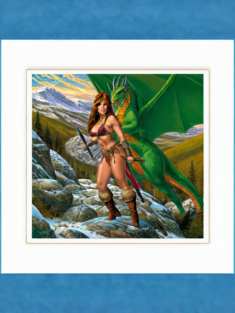 paint,  Elmore_Style_LX , girl, (nude) posing, Powerful hero, adventure, cinematic, epic outdoor location, fantasy illustration, cinematic scene by dragonlance fantasy illustrations of a 1woman barbarian, skimpy armor, Huge breasts, bikini armor, sexy barbarian nude , with sword with a magic items, in the background epic winter sunset Fantasy masterpiece by Larry Elmore , dragonlance , <lora:Elmore_Style_LX:0.7>
