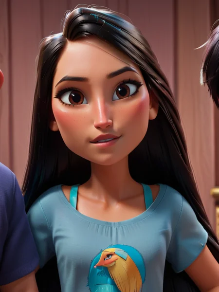 score_9, score_8_up, score_7_up, casual outfit, pocahontas, A close-up portrait of a woman with long dark hair and a neutral expression, 1girl, long hair, looking at viewer, blush, smile, brown hair, black hair, 1boy, closed mouth, upper body, green hair, white shirt, lips, eyelashes, blue shirt, freckles, realistic, nose,   
 <lora:princess_rc_pony_v2:1>