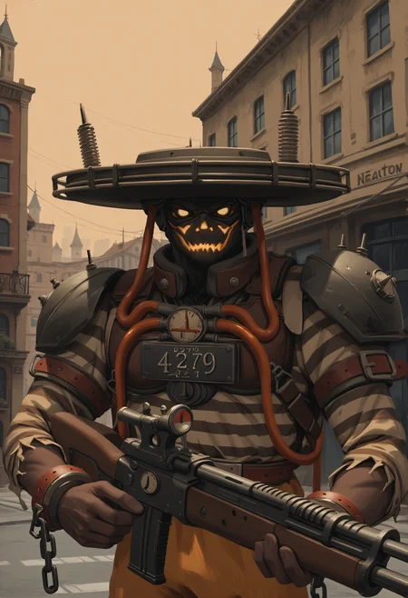 score_9, score_8_up, score_7_up, score_6_up, score_5_up, score_4_up, BREAK, sevenpdxl, 1boy, solo, dark skin, number print, cuffs, prison clothes, cable, mask, hat, weapon, holding, chain, holding gun, rifle, shoulder armor, standing, upper body, outside, town, 1930s, new york, close up, looking at viewer, no pupils, <lora:Seven:0.8>