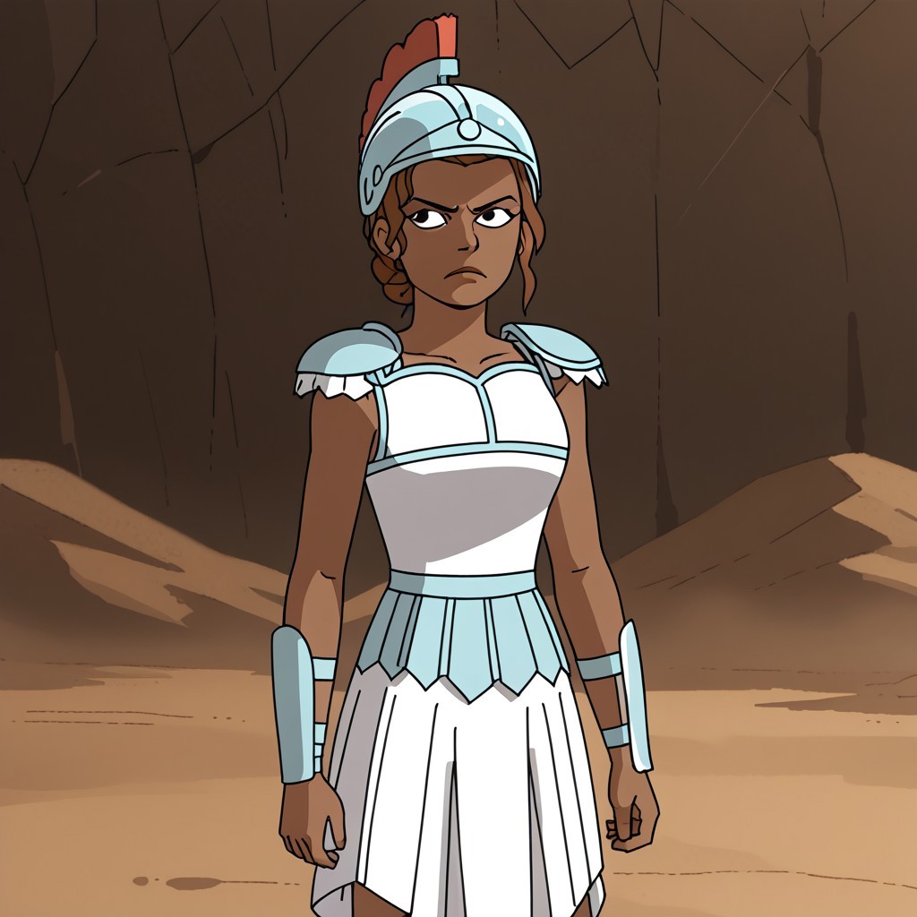 1girl,solo,dark skin,armor,brown hair,single hair bun,helmet,dress,sandals,portrait,serious