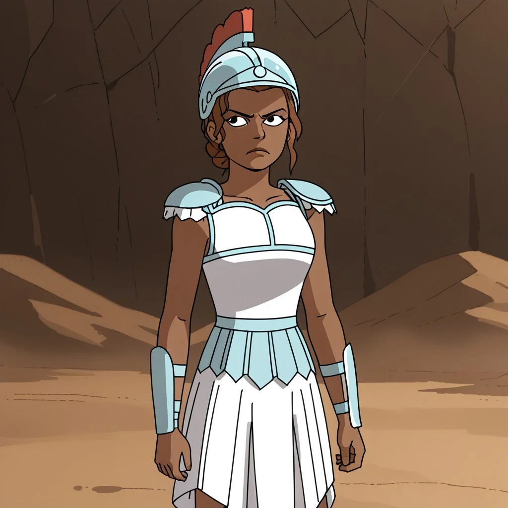 1girl,solo,dark skin,armor,brown hair,single hair bun,helmet,dress,sandals,portrait,serious