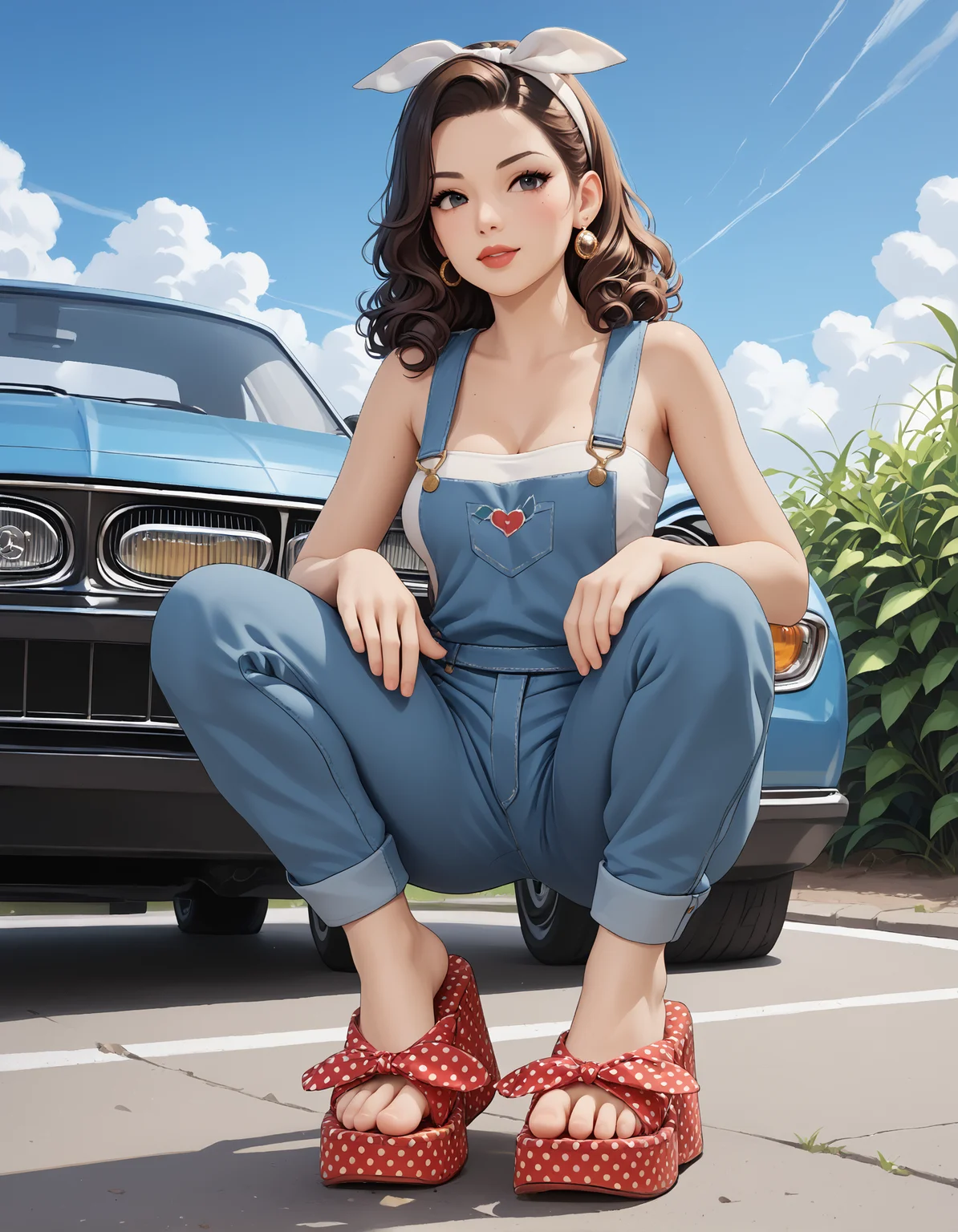 score_9, score_8_up, score_7_up, score_6_up, score_5_up, score_4_up,
(from side:0.6),
outdoors, field,
1girl, r0ckabilly, lipstick, earrings, tattoo, curly hair, white hairband,
white tube top, bib overalls,
medium breasts,
(squatting), leaning on a car, classic car, car,
(m1nn1e sandals), feet, toes, foot focus,
pinup,
embedding:zPDXL2 ,