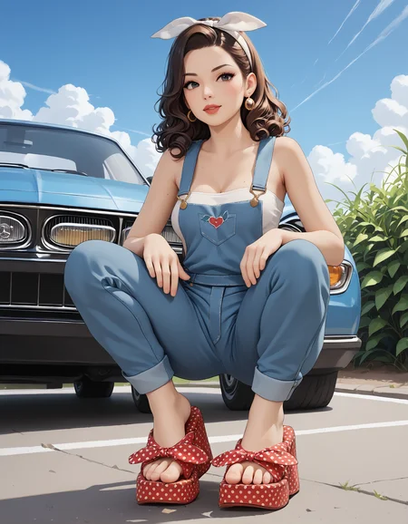 score_9, score_8_up, score_7_up, score_6_up, score_5_up, score_4_up,
(from side:0.6),
outdoors, field,
1girl, r0ckabilly, lipstick, earrings, tattoo, curly hair, white hairband,
white tube top, bib overalls,
medium breasts,
(squatting), leaning on a car, classic car, car,
(m1nn1e sandals), feet, toes, foot focus,
pinup,
embedding:zPDXL2 ,