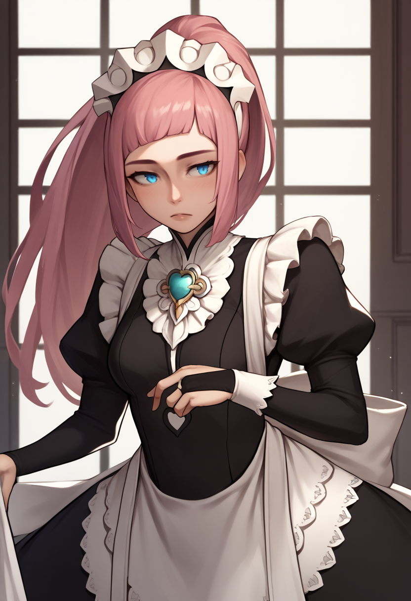 score_9, score_8_up, score_7_up, source_anime BREAK 1girl, solo, <lora:roresu-artist-richy-v1_pdxl:1> <lora:felicia-fe-richy-v1_pdxl:0.8> feliciadef, pink hair, ponytail, blue eyes, maid headdress, brooch, maid apron, black thighhighs, bridal gauntlets
