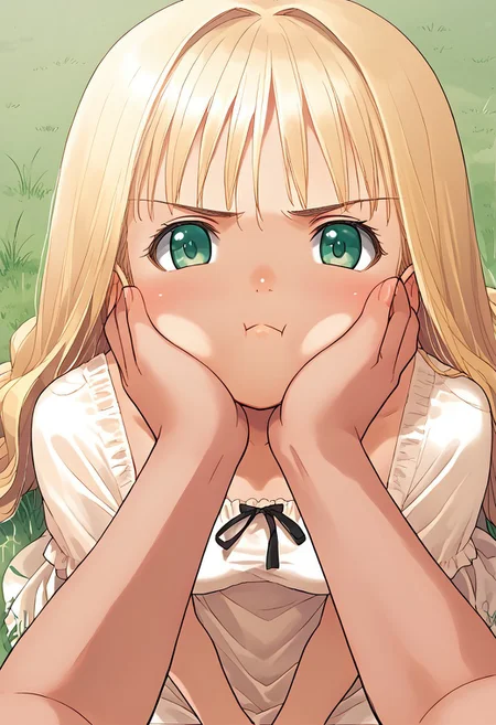 <lora:pony_xl_hortensia:0.9>,hortensia,score_9,score_8_up,score_7_up,source_anime,best quality,masterpiece,super fine illustration,8k,1girl,solo,adorable_girl,green_eyes,pout,:t,,closed_mouth,very_long_hair,white_long_sundress,summer_light,grass,looking_at_viewer,(cheek squash:1.0),puffy cheeks, hands on another's face, hands on another's cheeks, solo focus, pov hands