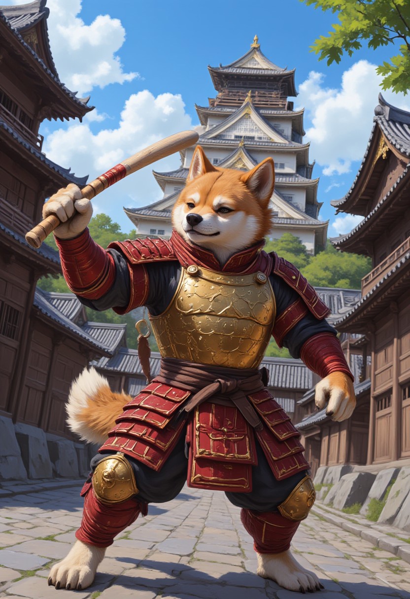 anthr0dnd, The image is a digital painting in a fantasy art style, depicting an anthropomorphic shiba inu dressed in samurai armor, wielding a baseball bat in its hand, standing on a stone  street in front of a traditional Japanese castle. The anthro shiba inu, with relaxed and confident expression, wears red and gold armor. It is beautiful summer day and the blue sky is clear. The courageous and virtuous dog is a protector of the innocent  mysterious, atmospheric, vibrant, high contrast of shadow and light, portrait, anime style oil painting