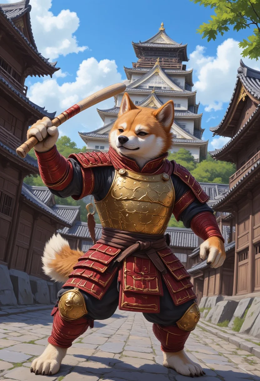 anthr0dnd, The image is a digital painting in a fantasy art style, depicting an anthropomorphic shiba inu dressed in samurai armor, wielding a baseball bat in its hand, standing on a stone street in front of a traditional Japanese castle. The anthro shiba inu, with relaxed and confident expression, wears red and gold armor. It is beautiful summer day and the blue sky is clear. The courageous and virtuous dog is a protector of the innocent mysterious, atmospheric, vibrant, high contrast of shadow and light, portrait, anime style oil painting