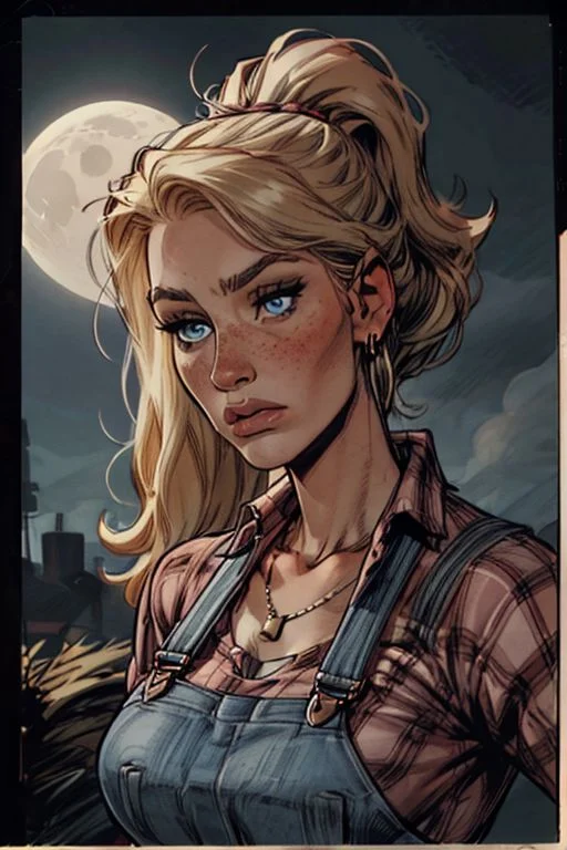 1girl, mature woman, blonde hair, ponytail,hair band, blue eyes, small perfect round breast, amazing pert butt, long hair, wrinkles, freckles, a closer view, detailed face, fFaceDetail, , graphic novel illustration, comics style, retro setting, sixties, noir style, earrings, necklace, farmer woman, at farm, overalls, red checked shirt with rolled up sleeves,  gloomy face, close up, front view, looking at the view, Portrait, night time, moon, Vintage Style, vintage, tall female, jim lee