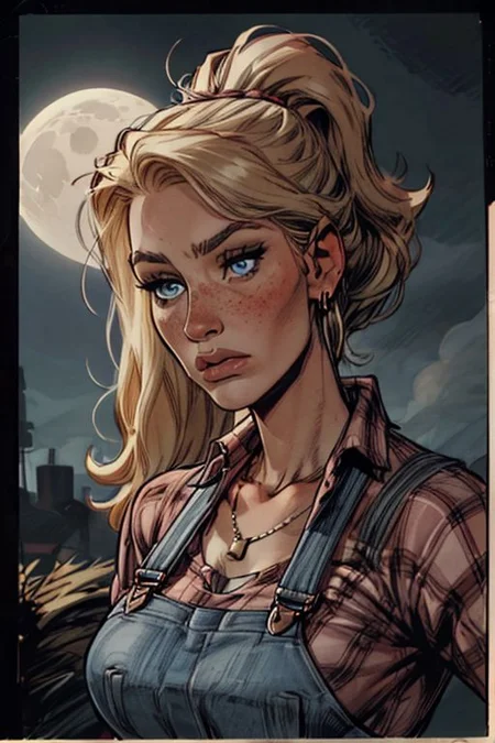1girl, mature woman, blonde hair, ponytail,hair band, blue eyes, small perfect round breast, amazing pert butt, long hair, wrinkles, freckles, a closer view, detailed face, fFaceDetail, , graphic novel illustration, comics style, retro setting, sixties, noir style, earrings, necklace, farmer woman, at farm, overalls, red checked shirt with rolled up sleeves, gloomy face, close up, front view, looking at the view, Portrait, night time, moon, Vintage Style, vintage, tall female, jim lee