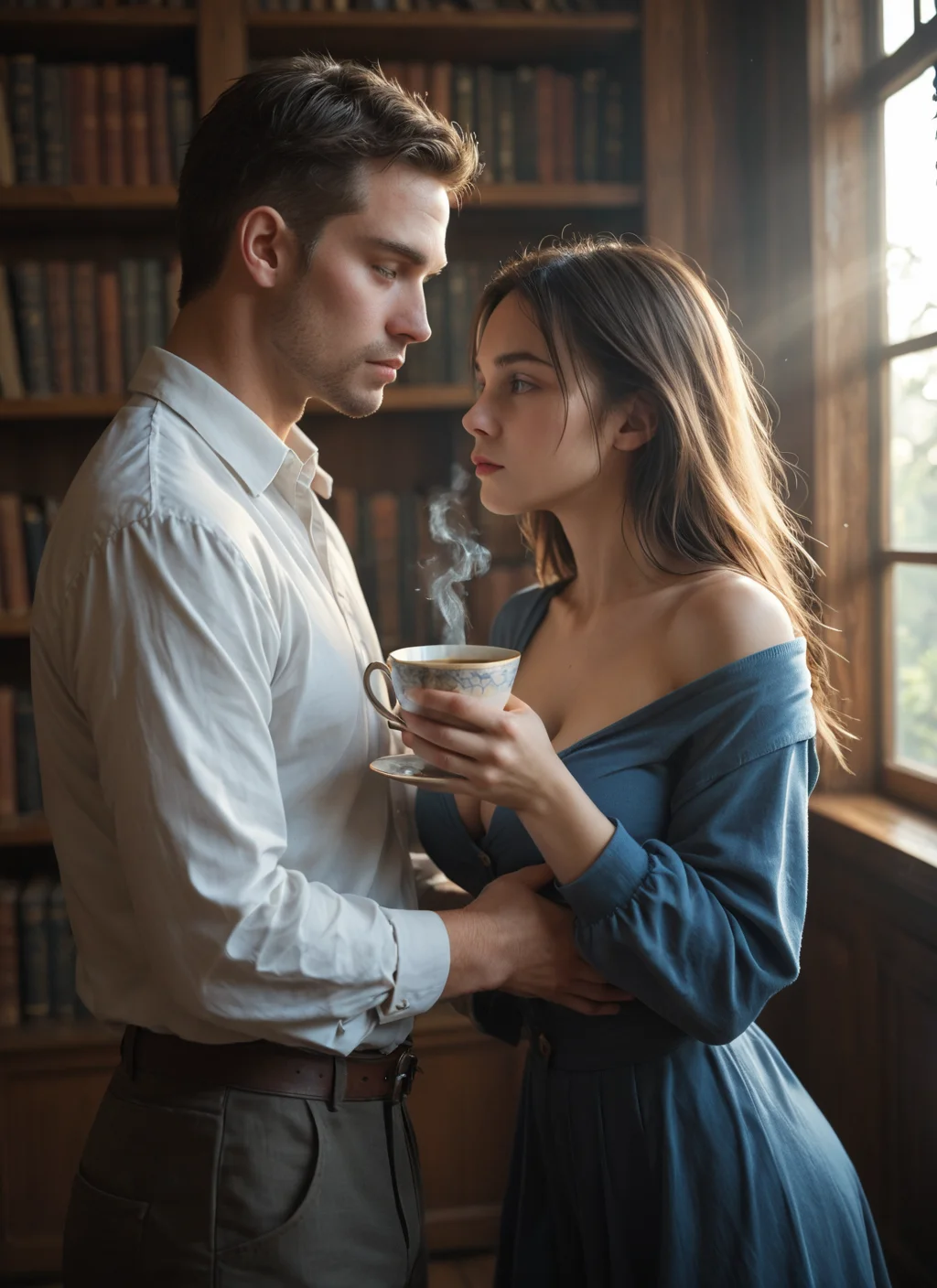score_9, score_8_up, score_7_up,
Storm in a teacup, steam producing large whirlwind,
she is thin, tall, busty, sat with teaspoon in hand,
Cinematic lighting,couple,
masterpiece, best quality, highly detailed, sharp focus, dynamic lighting, cinematic lighting, volumetric lighting, realistic,eye catching,many shelves with books and many strange clocks, magic library