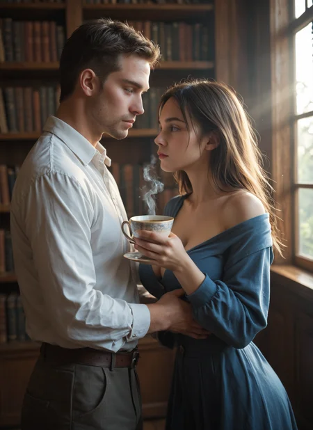 score_9, score_8_up, score_7_up,
Storm in a teacup, steam producing large whirlwind,
she is thin, tall, busty, sat with teaspoon in hand,
Cinematic lighting,couple,
masterpiece, best quality, highly detailed, sharp focus, dynamic lighting, cinematic lighting, volumetric lighting, realistic,eye catching,many shelves with books and many strange clocks, magic library
