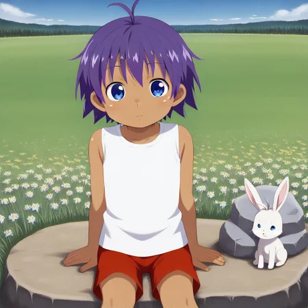 hare_g, 1boy, dark skin, purple hair, short hair, ahoge, blue eyes, shirt, shorts, sitting, rock grass, flowers, looking at viewer,