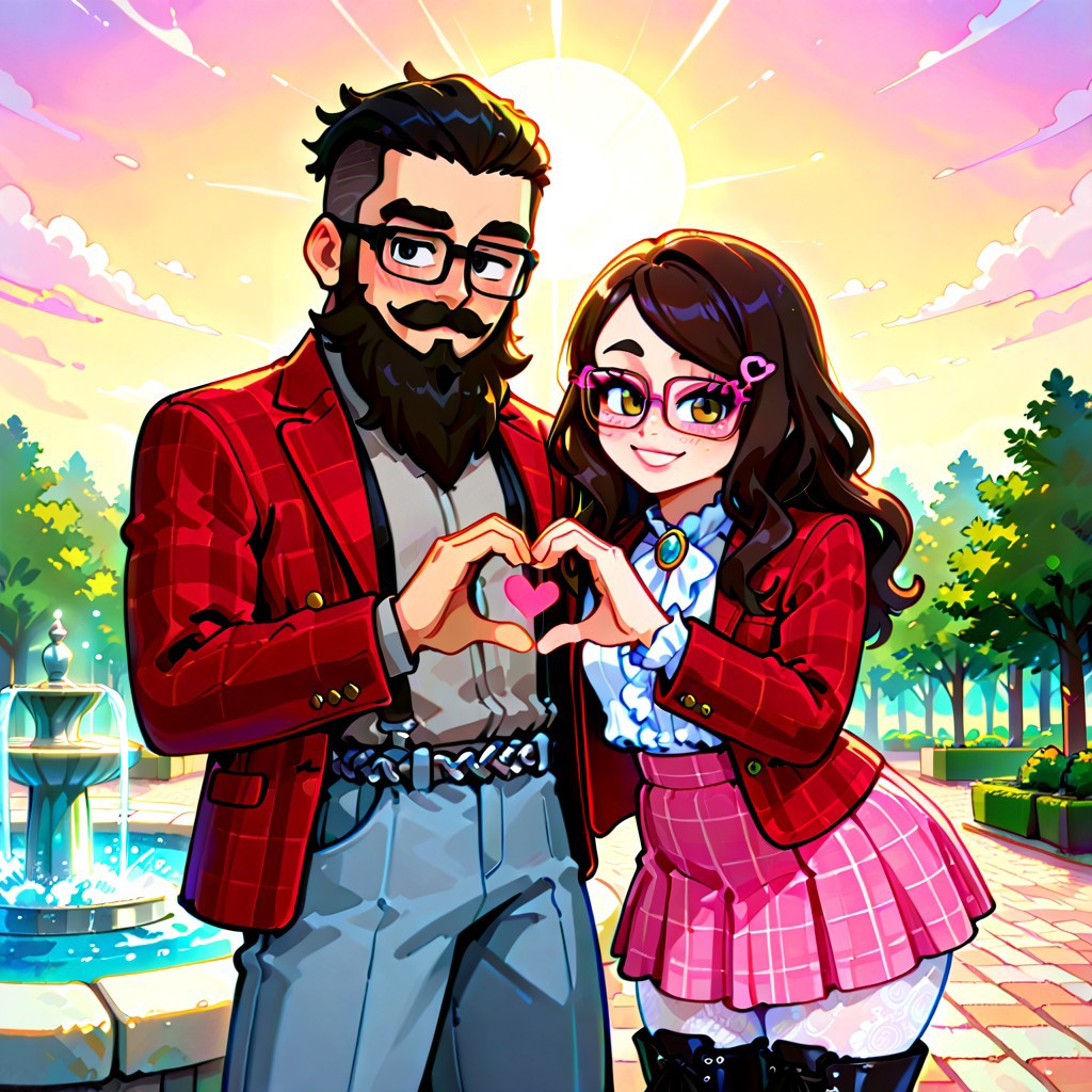 aidmaImageUpgrader,perfecteyes,painted world,colorful splashes,fca style,(masterpiece), score_9, score_8_up, score_7_up,4k, source_anime, ((high quality)), absurdres, (best quality), newest, HDR,BREAK, 1girl, 1boy,((1girl is curvy,narrow waist,wide hips,thick thighs,long hair, small breasts, brown hair, brown eyes, wavy hair, swept bangs, freckles, glasses, eyeshadow, eyeliner,eyelashes, thick eyelashes, colored eyelashes,eyelash ornament, makeup, lipgloss, blush,blazer, white frilled shirt, brooch, victorian fasion, pink plaid skirt, lace_legwear pantyhose, black spiked boots boots, chain belt, suspenders)).BREAK, ((1boy is sidecut, black eyes, black hair, short hair, undercut,long beard,mustache, glasses,red plaid jacket, gray shirt, gray jeans, lace-up boots)).BREAK,leaning towards each other,romantic, heart hands, hearts, looking at viewer, smiling, excited, cowboy shot, atmospheric perspective, outdoors, park, sun,lens flare,fountain,