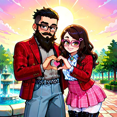 aidmaImageUpgrader,perfecteyes,painted world,colorful splashes,fca style,(masterpiece), score_9, score_8_up, score_7_up,4k, source_anime, ((high quality)), absurdres, (best quality), newest, HDR,BREAK, 1girl, 1boy,((1girl is curvy,narrow waist,wide hips,thick thighs,long hair, small breasts, brown hair, brown eyes, wavy hair, swept bangs, freckles, glasses, eyeshadow, eyeliner,eyelashes, thick eyelashes, colored eyelashes,eyelash ornament, makeup, lipgloss, blush,blazer, white frilled shirt, brooch, victorian fasion, pink plaid skirt, lace_legwear pantyhose, black spiked boots boots, chain belt, suspenders)).BREAK, ((1boy is sidecut, black eyes, black hair, short hair, undercut,long beard,mustache, glasses,red plaid jacket, gray shirt, gray jeans, lace-up boots)).BREAK,leaning towards each other,romantic, heart hands, hearts, looking at viewer, smiling, excited, cowboy shot, atmospheric perspective, outdoors, park, sun,lens flare,fountain,