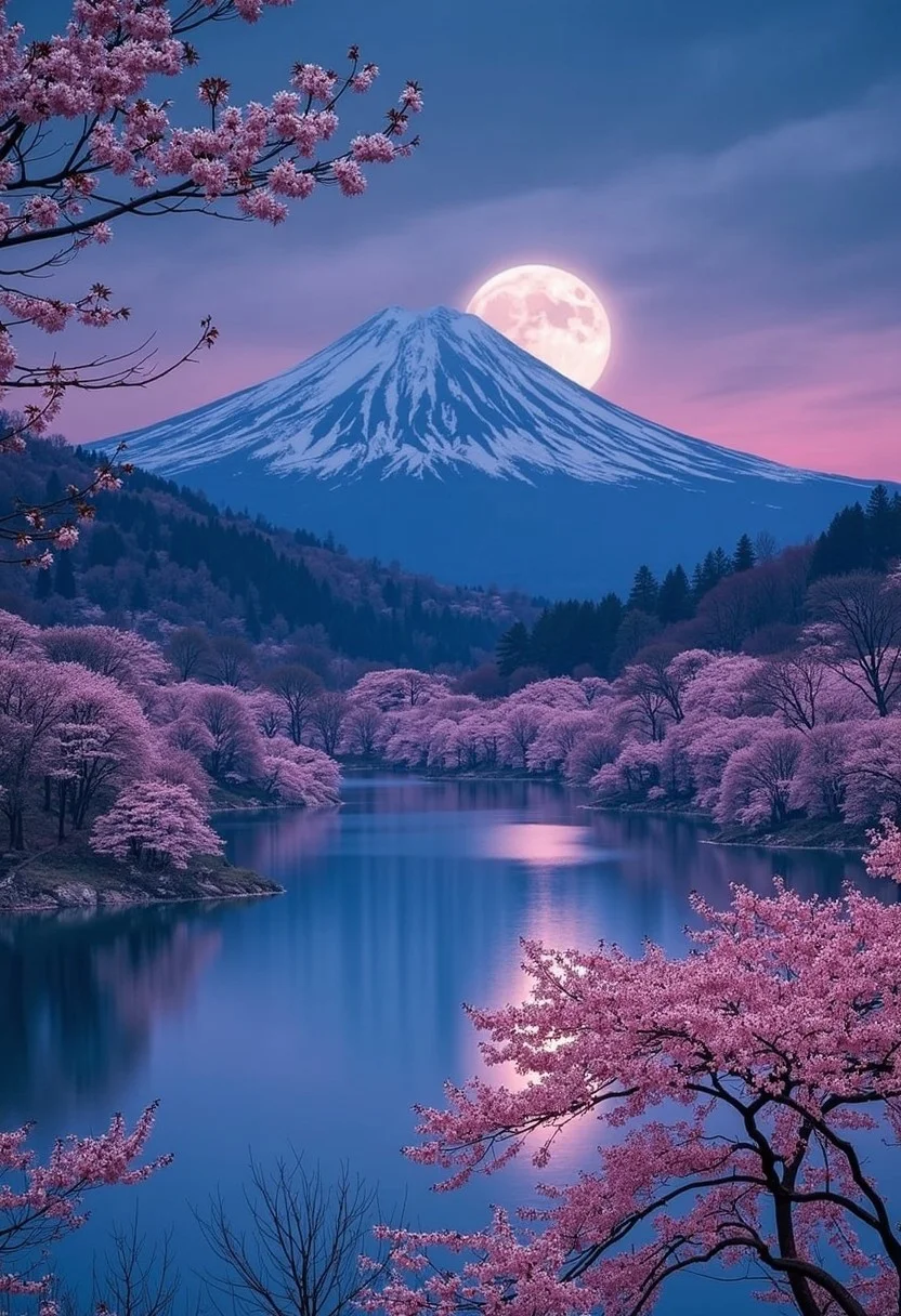 stunning artwork, psychodelic scenic japan night winter landscape, sakura garden, mountains, lake, snow, perfect composition, full moon, haze, low angle, masterpiece, award winning,, ultra detailed, highly detailed, 8k, uhd. In the style of grimmold<lora:Grimmold.safetensors:1.0:1.0>