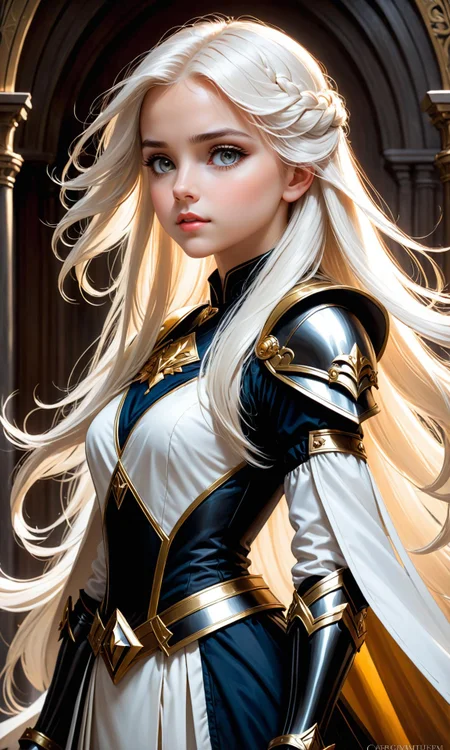 ******, highly detailed, digital painting, artstation, concept art, smooth, sharp focus, illustration, ArtStation, art by artgerm and greg rutkowski and alphonse mucha and J. C. Leyendecker and Edmund Blair Leighton and Charlie Bowater, painted warhammer miniature product shot of a cute young girl with long white hair <lora:Details:0.85>