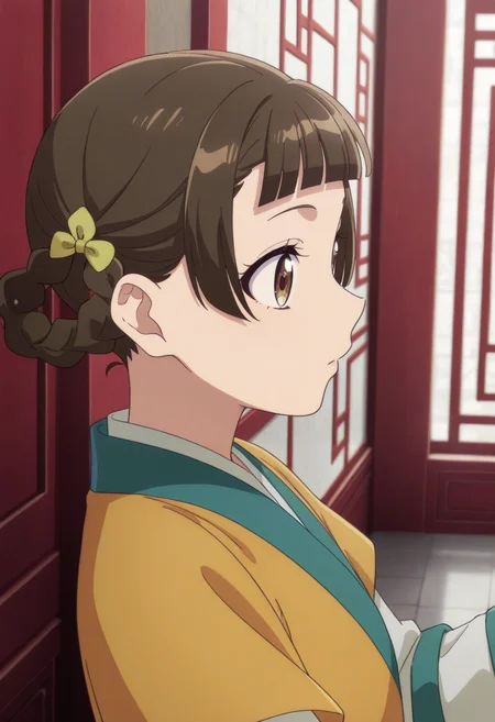 newest, masterpiece, best quality, 4k,
indoors, very aesthetic, detailed background, face focus, from side, dutch angle,
1girl, solo,  <lora:Xiaolan:1> xia0lan, brown hair, hair bun, double bun, blunt bangs,braided hair rings, brown eyes,short hair,Chinese clothes,layered sleeves, short over long sleeves,yellow hanfu,