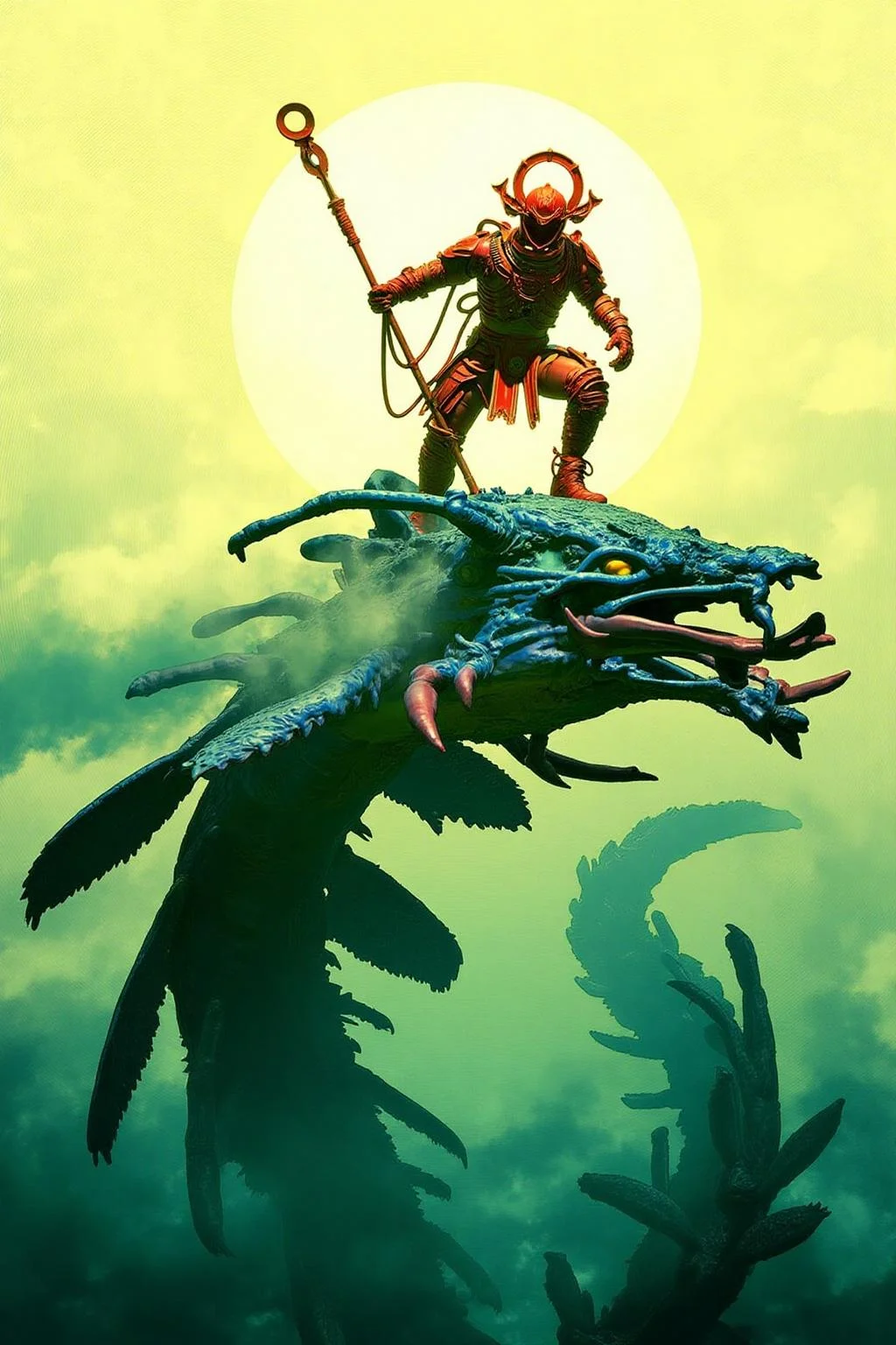 pascalblanche1 illustration. 
A warrior standing atop a colossal serpentine creature. The warrior wears intricate armor and holds a staff, appearing to be in a commanding position. The background features a large glowing sun or moon. The ground is covered in mist or clouds. The creature has multiple limbs and an armored body. <lora:pascalblanche1_cap_d8a4:1.0><lora:860254162292601553:0>