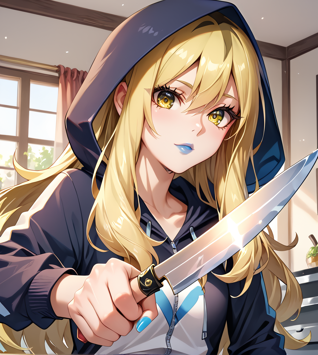 <lora:Delinquent_Pokemon_ORAS:1> delinquent_oras, long hair, blonde hair, multicolored hair, hood, track pants, blue lips, blue nails, yellow eyes,  <lora:HoldingKnife_Pony_V1.0:1> holdkknife, upper body,holding,holding knife,kitchen knife,, score_9, score_8_up, score_7_up, score_6_up, score_5_up,, detailed eyes, detailed face, detailed hands, <lora:detailed_notrigger:1>, (masterpiece), (best quality), (ultra-detailed), (best illustration), detailed face, skin pores, detailed skin, detailed eyes, high quality eyes, good quality hands, high resolution, great anatomy, high quality, highres,