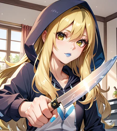 <lora:Delinquent_Pokemon_ORAS:1> delinquent_oras, long hair, blonde hair, multicolored hair, hood, track pants, blue lips, blue nails, yellow eyes,  <lora:HoldingKnife_Pony_V1.0:1> holdkknife, upper body,holding,holding knife,kitchen knife,, score_9, score_8_up, score_7_up, score_6_up, score_5_up,, detailed eyes, detailed face, detailed hands, <lora:detailed_notrigger:1>, (masterpiece), (best quality), (ultra-detailed), (best illustration), detailed face, skin pores, detailed skin, detailed eyes, high quality eyes, good quality hands, high resolution, great anatomy, high quality, highres,