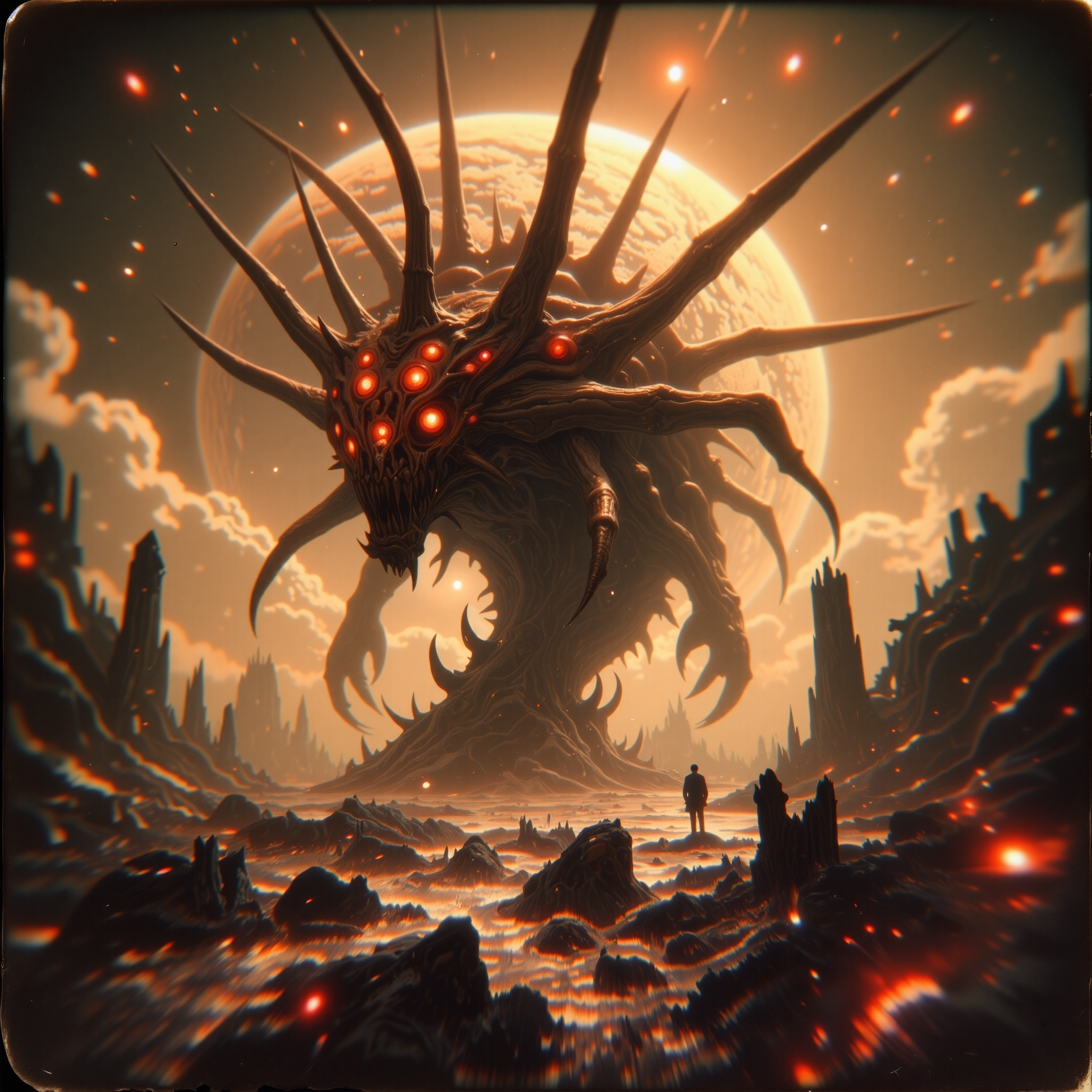 strange and otherworldly scenery on a distant planet, very aesthetic, highly detailed, award-winning pinhole photography, dramatic scene, fractal art, gothic sci-fi style, dynamic angle, this image shows the monstrous mysterious beast known as the "soulless thudsnuffler" as it spolders from the glimbercrested depths of a churning, otherworldly glowing sea under a dramatic tempestuous sky, it is surrounded by the typical jagged fractal crystal formations on the recoddermented shore of the water-rich planet "achooblessyou iv", superstitious life forms call it "the bringer of feather boas", <lora:extremely_detailed-detail_slider-v2-flux-by_ntc:0.92> <lora:style-eldritch_pinhole_photography-flux-by_eldritchadam:0.88>