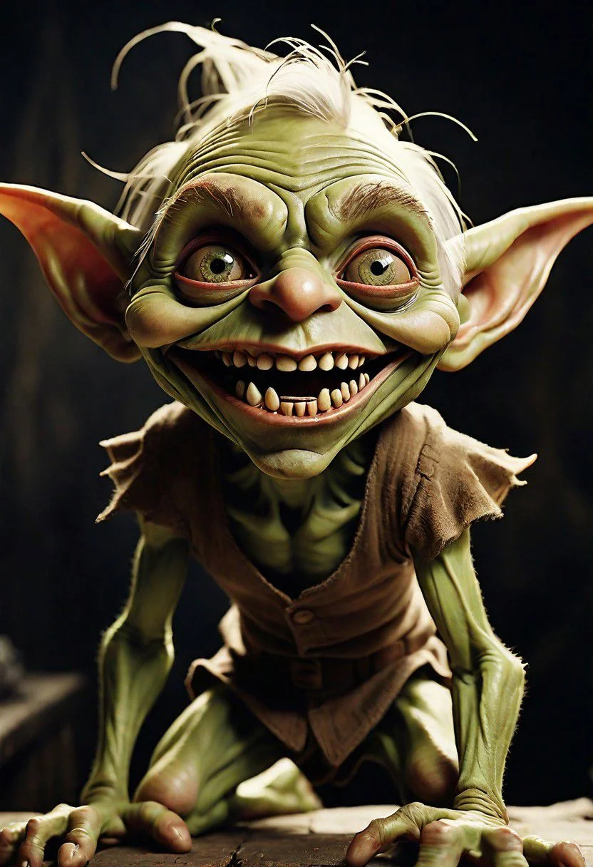 In an evocatively aged analog photograph, a lively and intricate goblin captivates the viewer's attention. Its detailed features burst with vitality and complexity amid the vintage medium. With mischievous eyes full of mischief, the goblin's playful smile reveals a set of razor-sharp teeth. Every delicate strand of its wild hair is intricately depicted, showcasing its whimsical nature. The vintage tones and rich textures of the photograph add depth and richness to this high-quality image, making the goblin's enchanting presence even more vivid, cinematic style, high-definition images, High detail, cinematic style, HD detail,