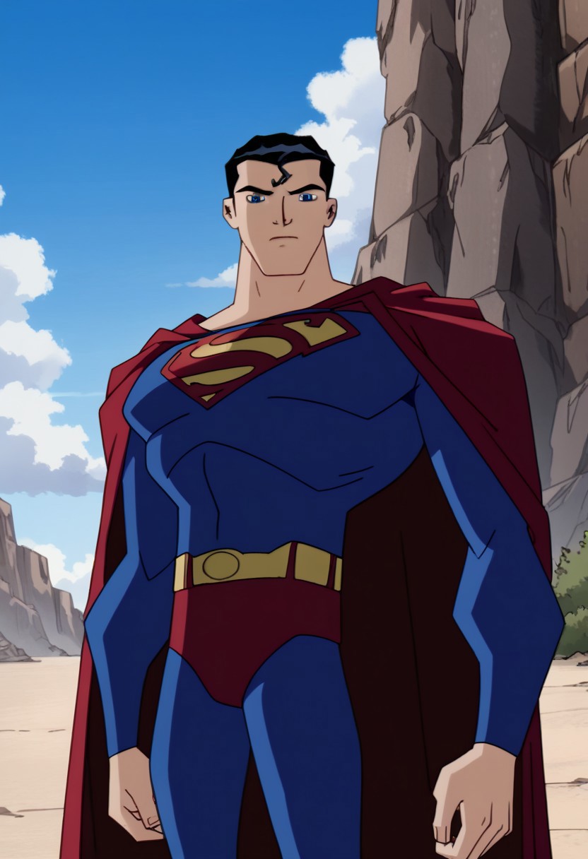 Score_9_up, score_8_up, score_7_up, best quality, highly detailed, ultra high quality, masterpiece, high res, 1boy, solo, Superman, Super Black Hair, Blue Eyes, Red Cape, Blue Body Suit, Muscular, Muscular Male, Pectorals, Superhero, ((looking at viewer)), cowboy shot, outdoors, clouds, day, blue sky background, closed mouth
