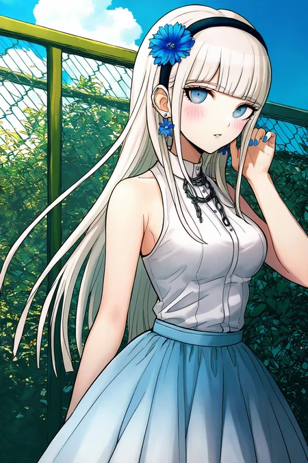 <lora:dangansprite2:0.8>, dangansprite, 1girl, solo, long hair, earrings, jewelry, skirt, flower, fence, outdoors, blue eyes, sleeveless, blush, breasts, white hair, hairband, chain-link fence, sky, shirt, blue flower, nail polish, looking at viewer, parted lips, white shirt, day, bare arms, hand up, sleeveless shirt, bare shoulders, blue nails, cloud, blunt bangs, medium breasts, leaf, white skirt, blue sky, frills, blue skirt, sunlight