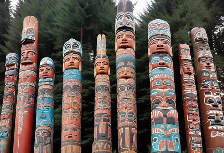 a photograph from the ground, pointing up of beautifully decorated, intricately carved, beautifully painted, wooden totem poles, native American art, with various totem animals, stands on a beautiful natural background with land, water, sky and nature present, a realistic, breathtaking tall, wooden totem, nature, natural, absurdres, breathtaking, OverallDetailX, pop Tlingit totem pole, Archi Sculpture Photography