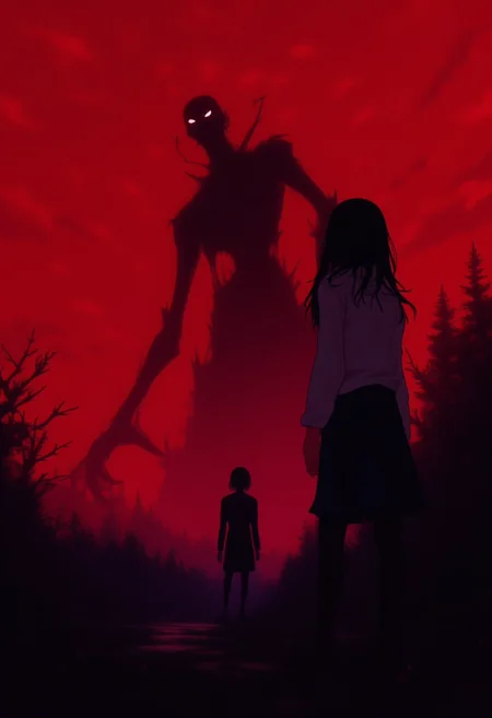 <lora:NeonFantasyPrimeFLUX-000049:1> ne0nfant4sy,
an image of a girl and a large, menacing figure in a dark, ominous landscape. the girl, with long dark hair, wears a white shirt and a dark skirt. she stands facing the figure, which is tall, imposing, and has a dark, skeletal appearance. the figure has long, twisted limbs, a large head with glowing eyes, and a menacing expression. it's set against a vivid red sky, with a dark, foreboding silhouette in the background. the overall mood is eerie and foreboding.