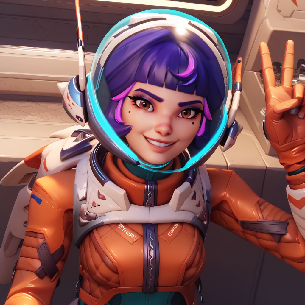score_9, score_8_up, score_7_up, score_6_up, masterpiece,absurdres, realistic, blender, <lora:Expressive_H-000001_Pony:1> , Expressiveh, <lora:Juno-000003:1>, junoow, 1girl, looking at viewer, short hair, bangs, brown eyes, purple hair, multicolored hair, blunt bangs, two-tone hair, lips, streaked hair, bob cut, helmet, zipper, smile, floating in space, v, gloves
