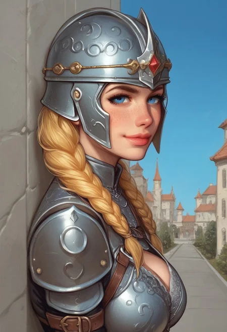 1girl, (((side view))), illustration, looking at viewer, highly detailed, source_comic_illustration, from front, 1girl, illustration, comic style, looking at viewer, highly detailed, source_comic_illustration, skinny, looking at viewer, 1girl, masterpiece, best quality, <lora:Evie_Frye_pxl:1> score_9, score_8_up, score_7_up, score_6_up, score_5_up, score_4_up, source_photo, source_real, 1girl, solo, long hair, breasts, ((gatekeeper clothes)), looking at viewer, blonde_hair, ((((medieval helmet)))), cleavage, closed mouth, blue eyes, guards armor, eyelashes, ((leather armor)), freckles, realistic, nose, (((dynamic pose, dynamic angle)))
BREAK
sad smile, looking at viewer,
BREAK
best quality, depth of field, bokeh, (((full clothed))) (best quality, high detail), ((masterpiece)), ((((holdind big sword in hands)))), <lora:1_ino_20e:1>
BREAK
((((blue sky, city)))) score_9, score_8_up, score_7_up, score_6_up, source_cartoon, rating_explicit, Expressiveh, (((((upper body))))), dynamic pose