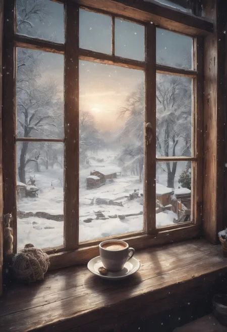 POV drinking coffee, close view on a snowy outside, behind the wooden window, window frame, wooden cracks, retro photo, mysterious atmosphere, (close up), (swing), extremely detailed, atmospheric, absurdres, matte painting, romantic, beautiful digital painting, anime landscape, romantic painting, dreamy, nostalgic